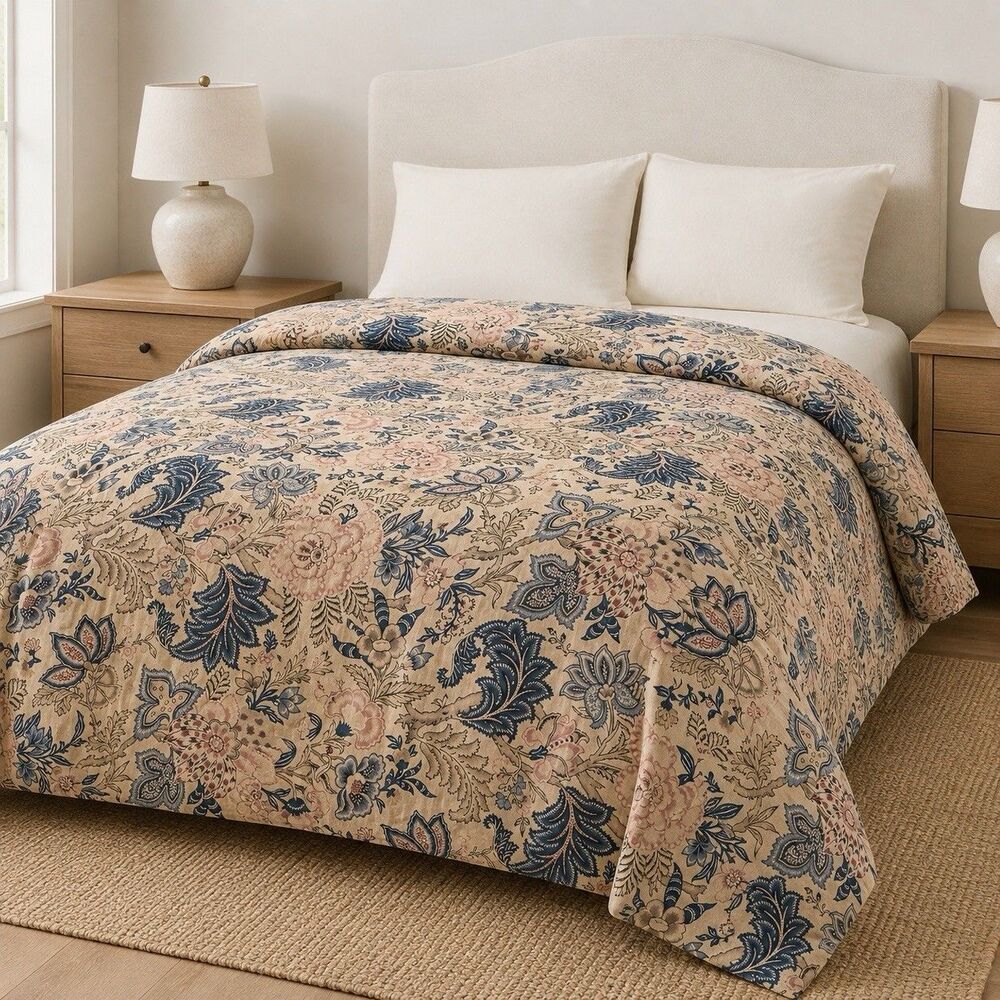 Pottery Barn Paisley Floral Duvet Cover Cotton Linen Blue Pink Neutral Cottage